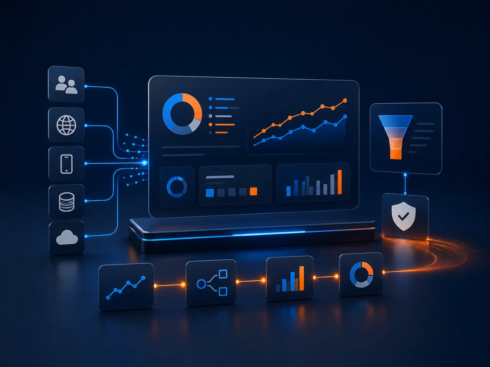 Panel de analítica con fuentes de datos, gráficos de evolución y embudo de conversión.