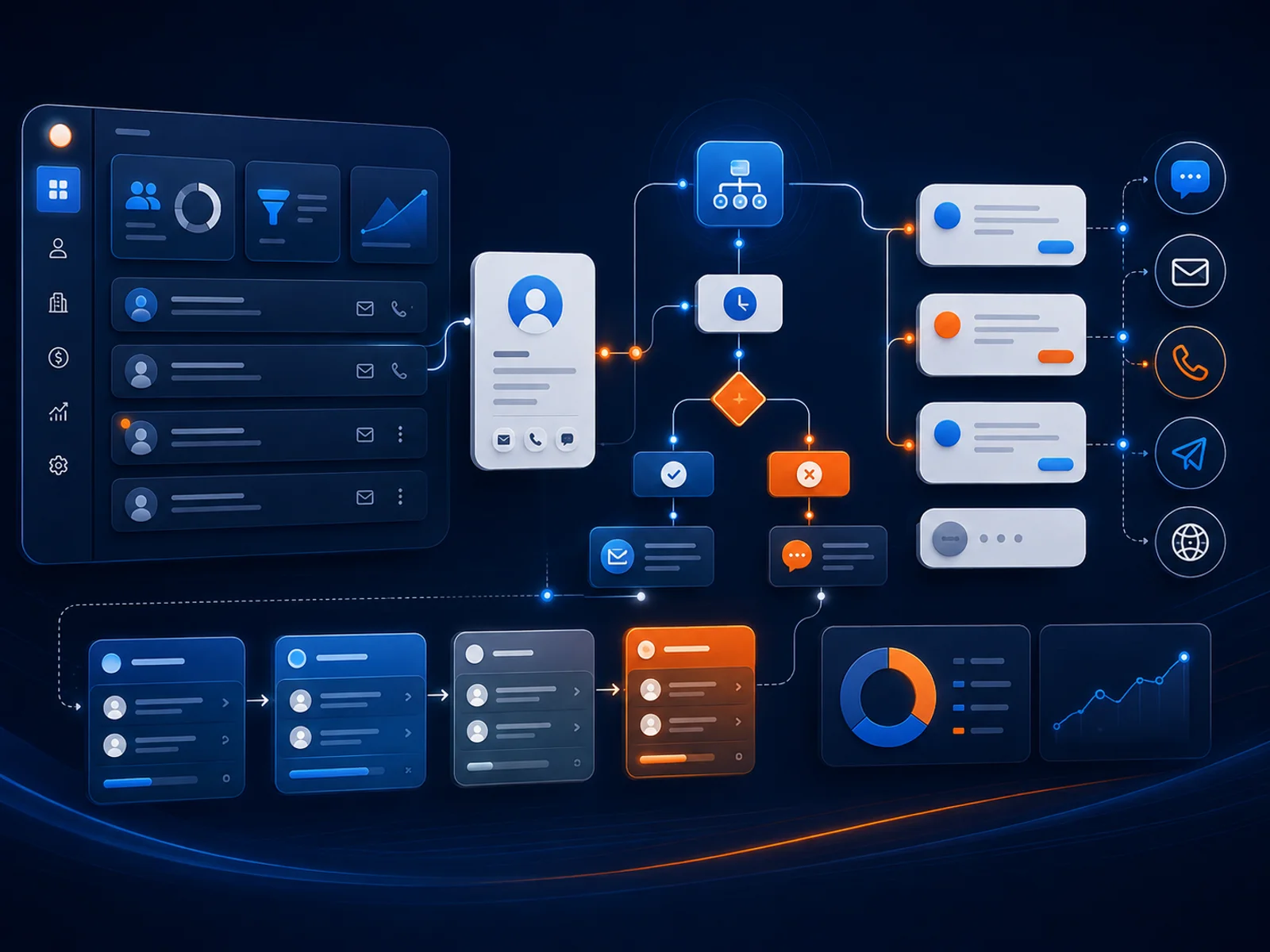 CRM, flujos automatizados y canales de comunicación coordinados alrededor de cada contacto.
