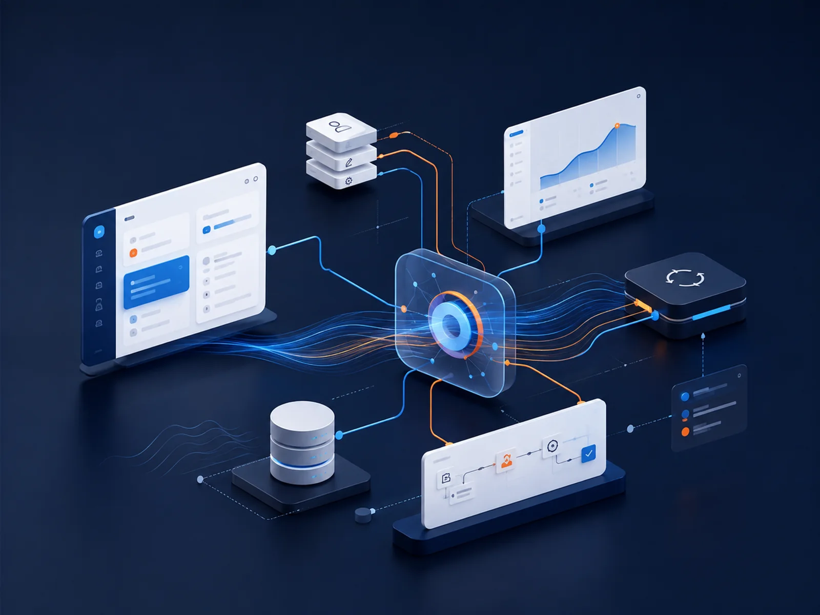Aplicaciones, bases de datos y procesos conectados mediante una integración central.